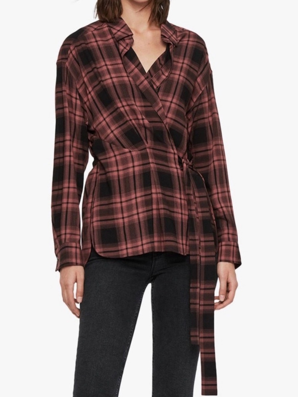 AllSaints Miki Long Sleeved Plaid Wrap Top